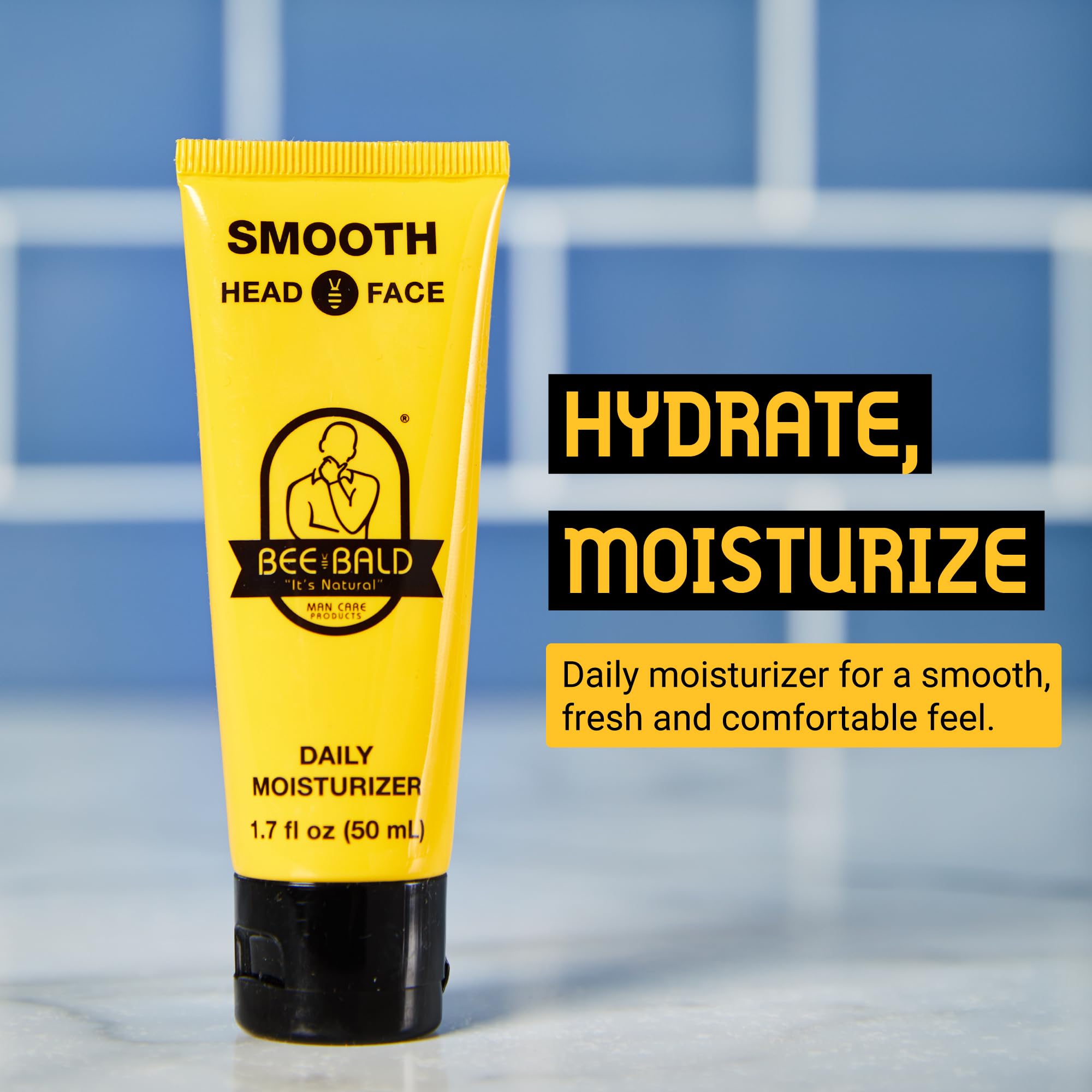 Close-up of texture shows hydrated, balanced skin with the Bee Bald moisturizer.
