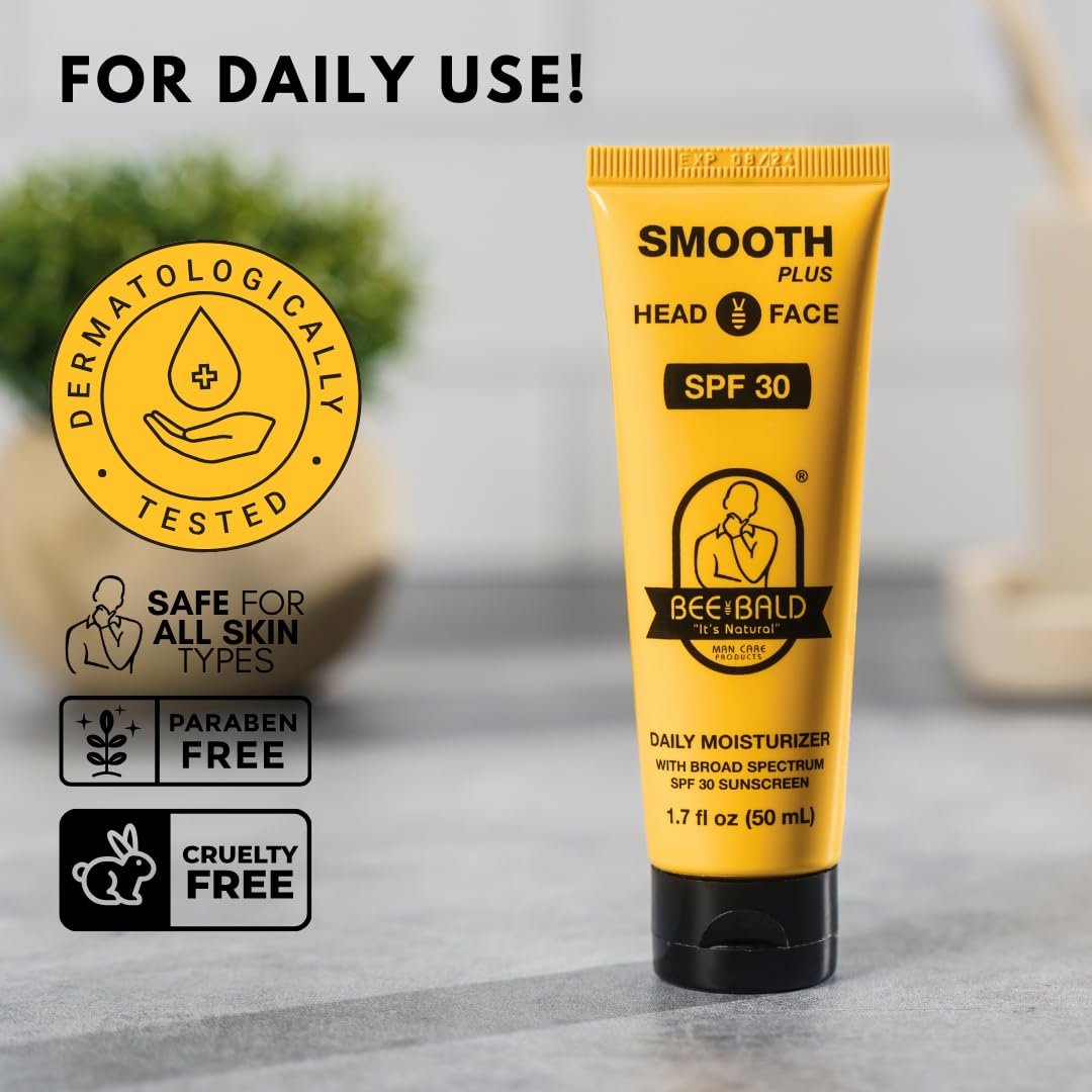 Head portrait demonstrates even skin tone with SPF protection.