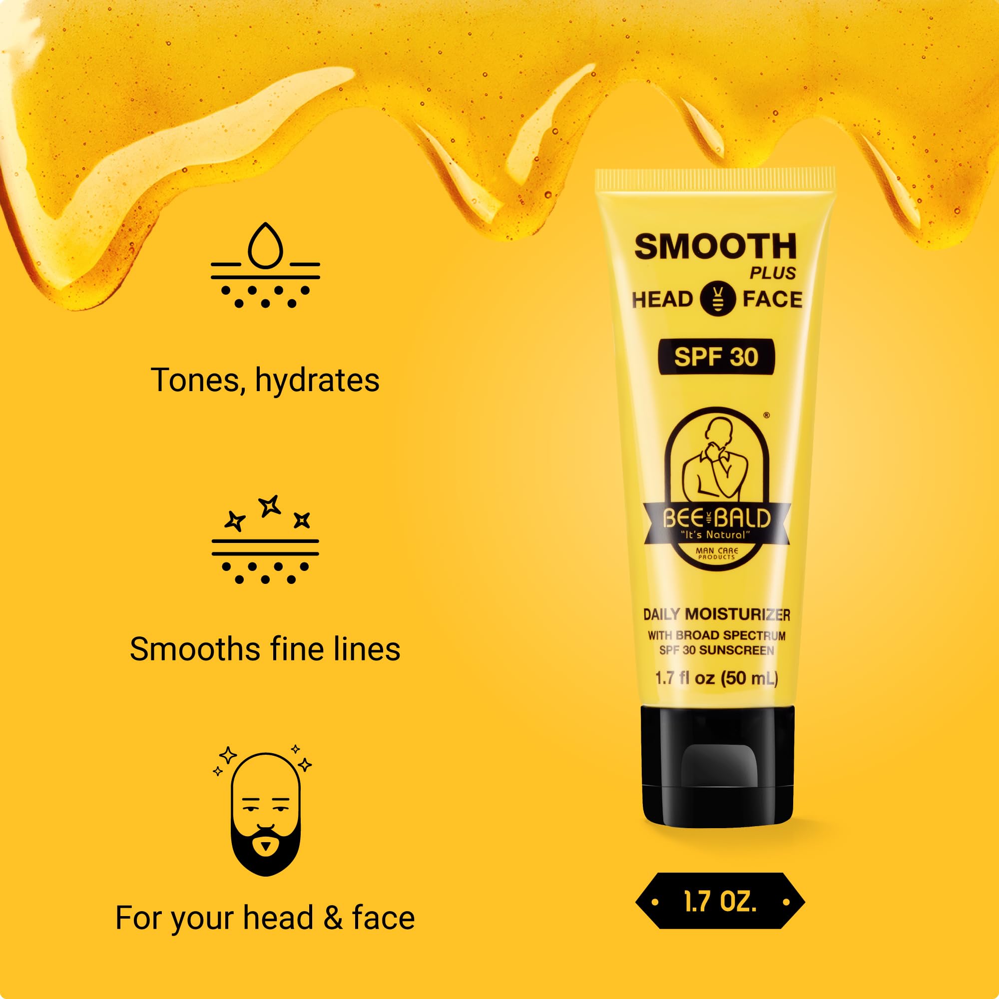 Bee Bald Smooth Plus SPF 30 shields skin from UVA/UVB rays.