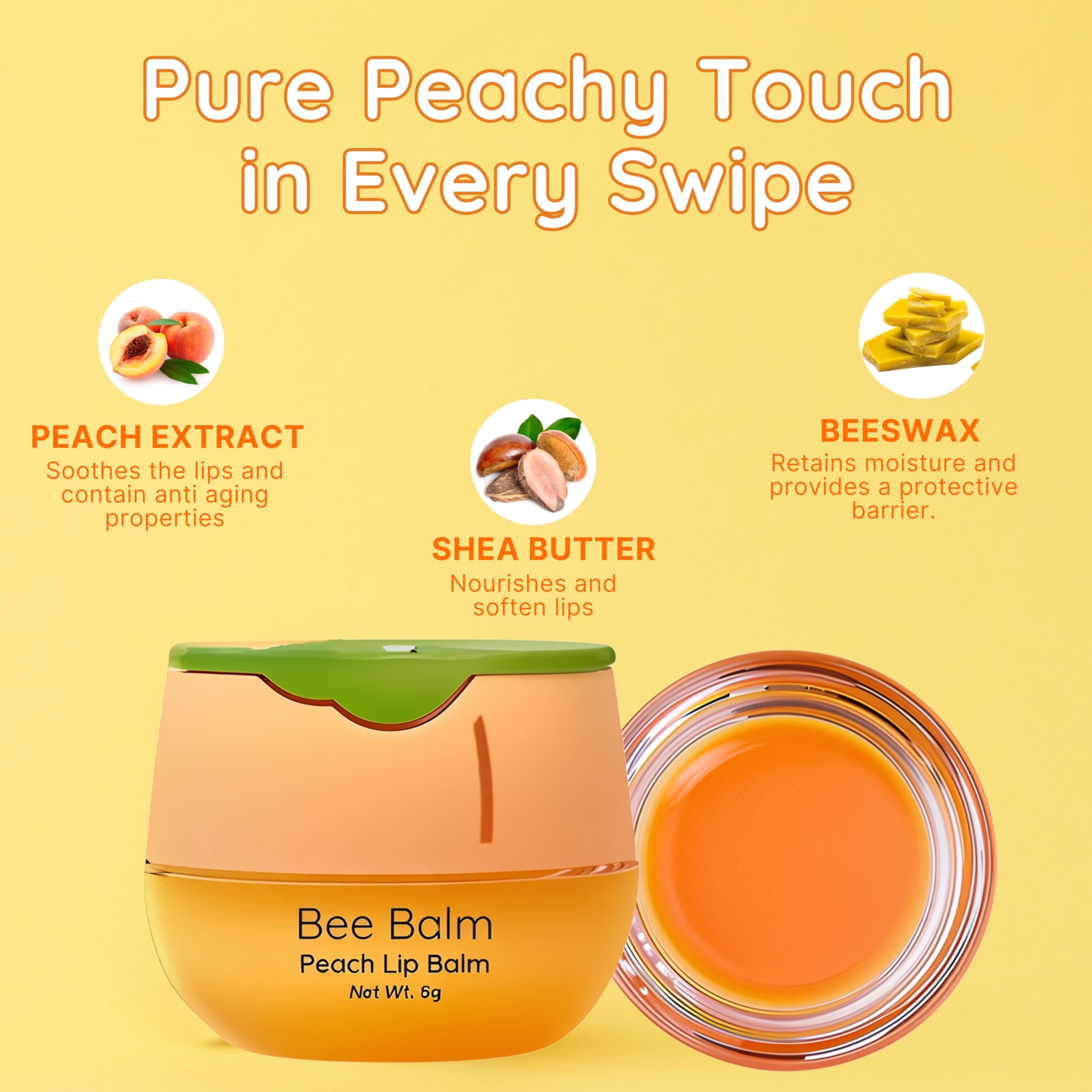 Bee Balm peach lip balm jar shown during application for smoothing lips.