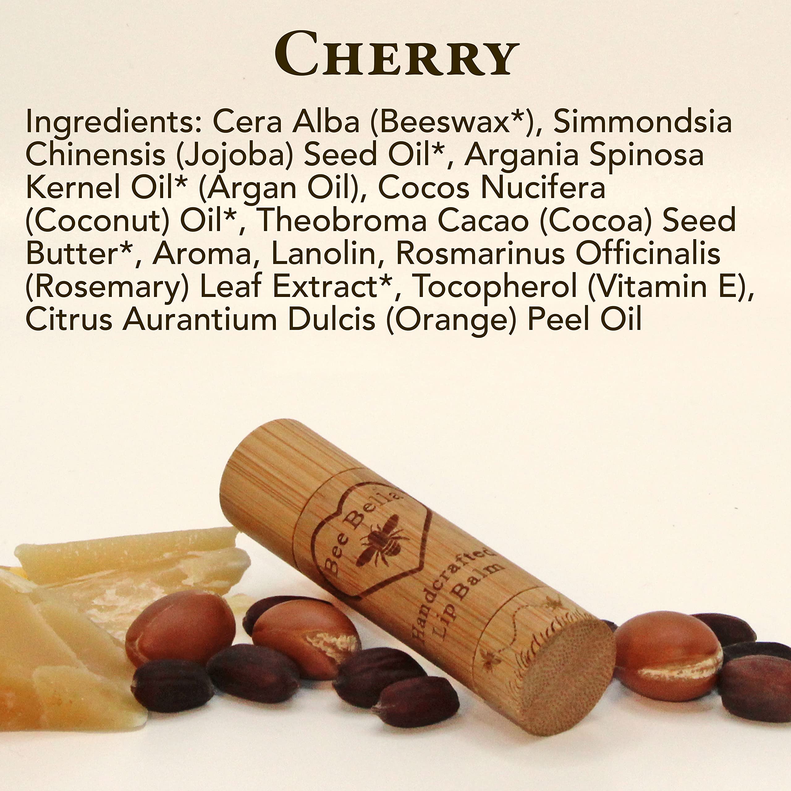 Bee Bella lip balm cherry label highlights vitamin E for softness