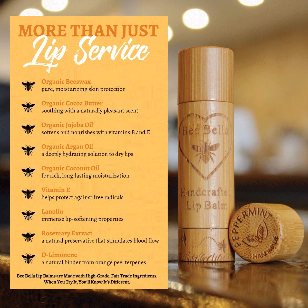 Bee Bella Lip Balm Peppermint packaging box, USA handmade presentation