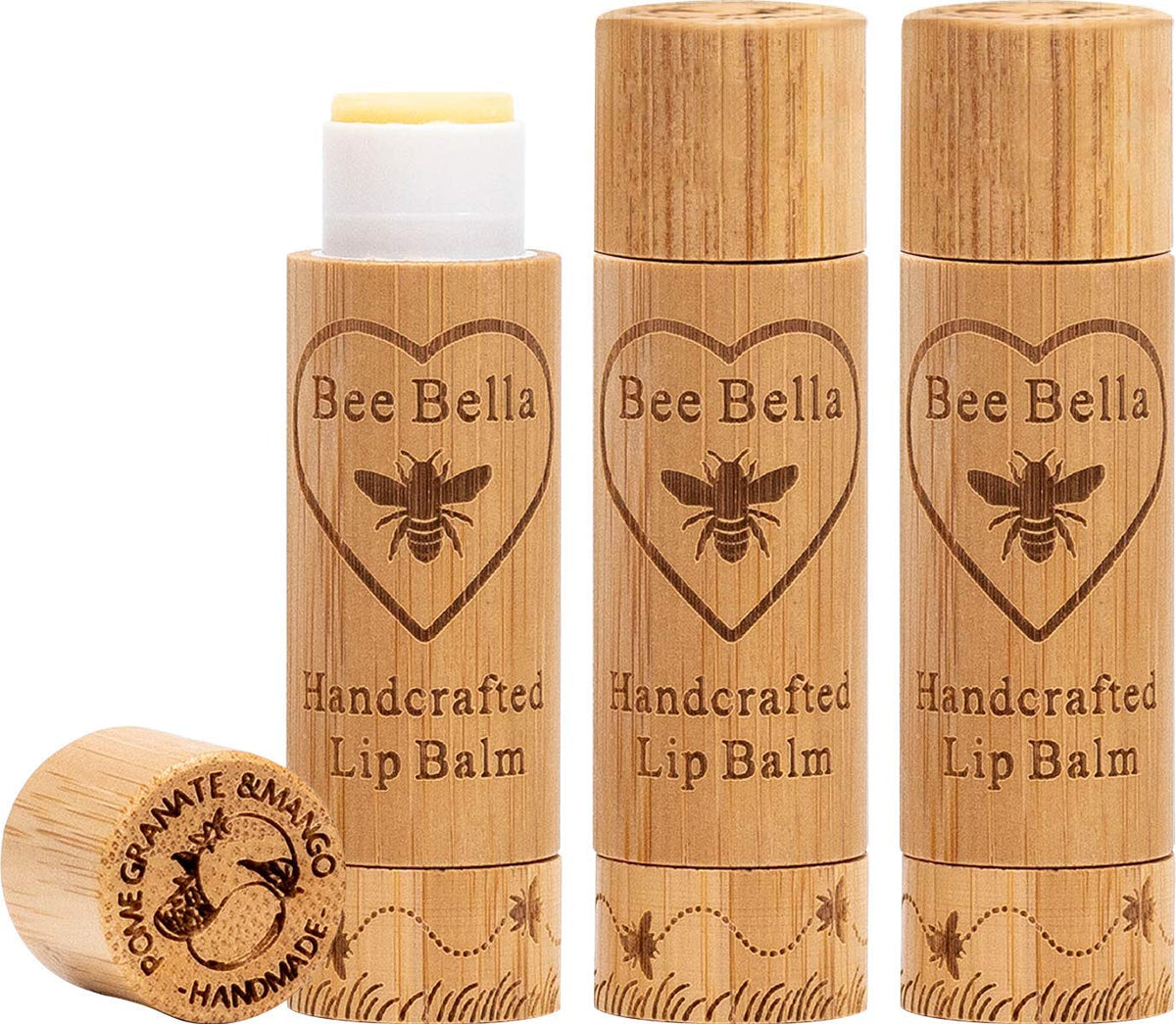 Bee Bella lip balm in pomegranate mango, front view showing hydrated lips