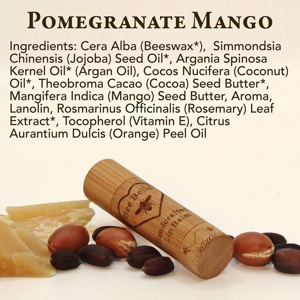 Bee Bella lip balm pomegranate mango ingredients list includes beeswax and vitamin E
