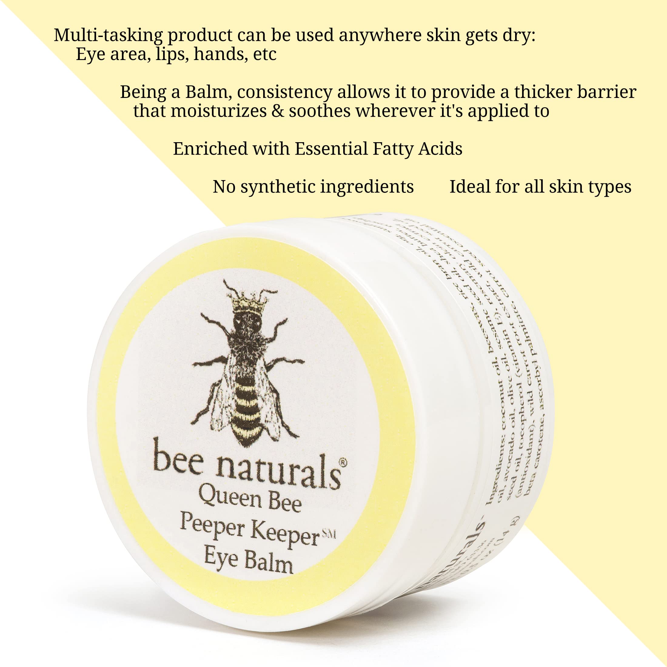 Close-up shows Bee Naturals eye balm texture, absorbing smoothly.