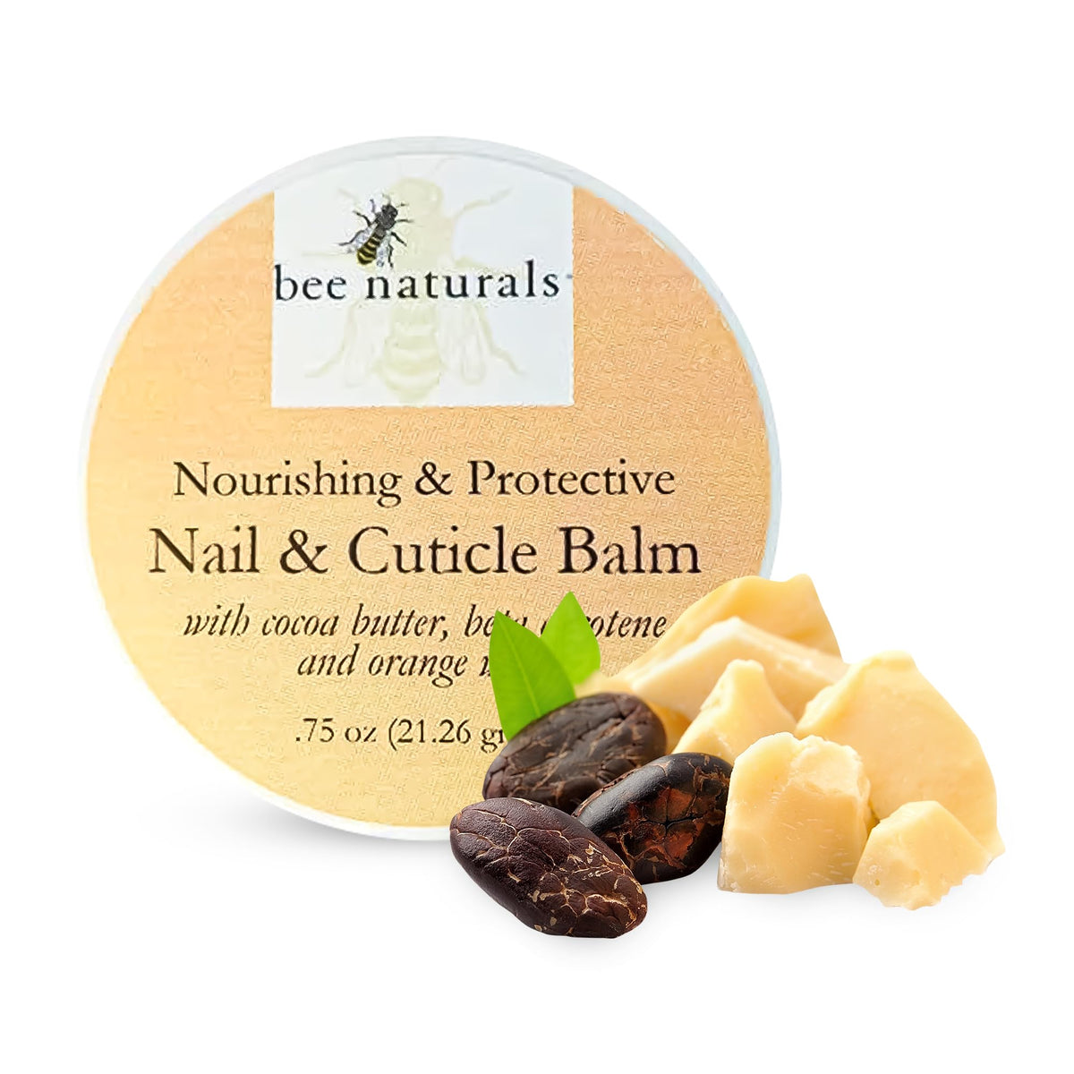 Bee Naturals Nail & Cuticle Balm jar closeup, cocoa butter nourishes nails.