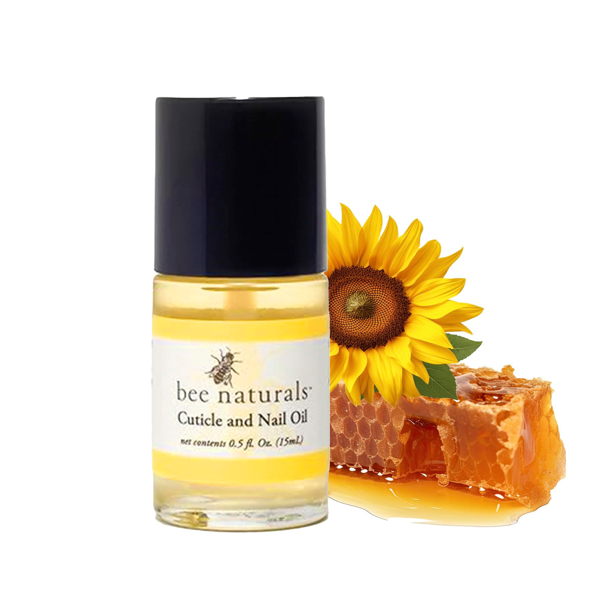 Bee Naturals Nail & Cuticle Oil bottle closeup, rich moisturizing formula.