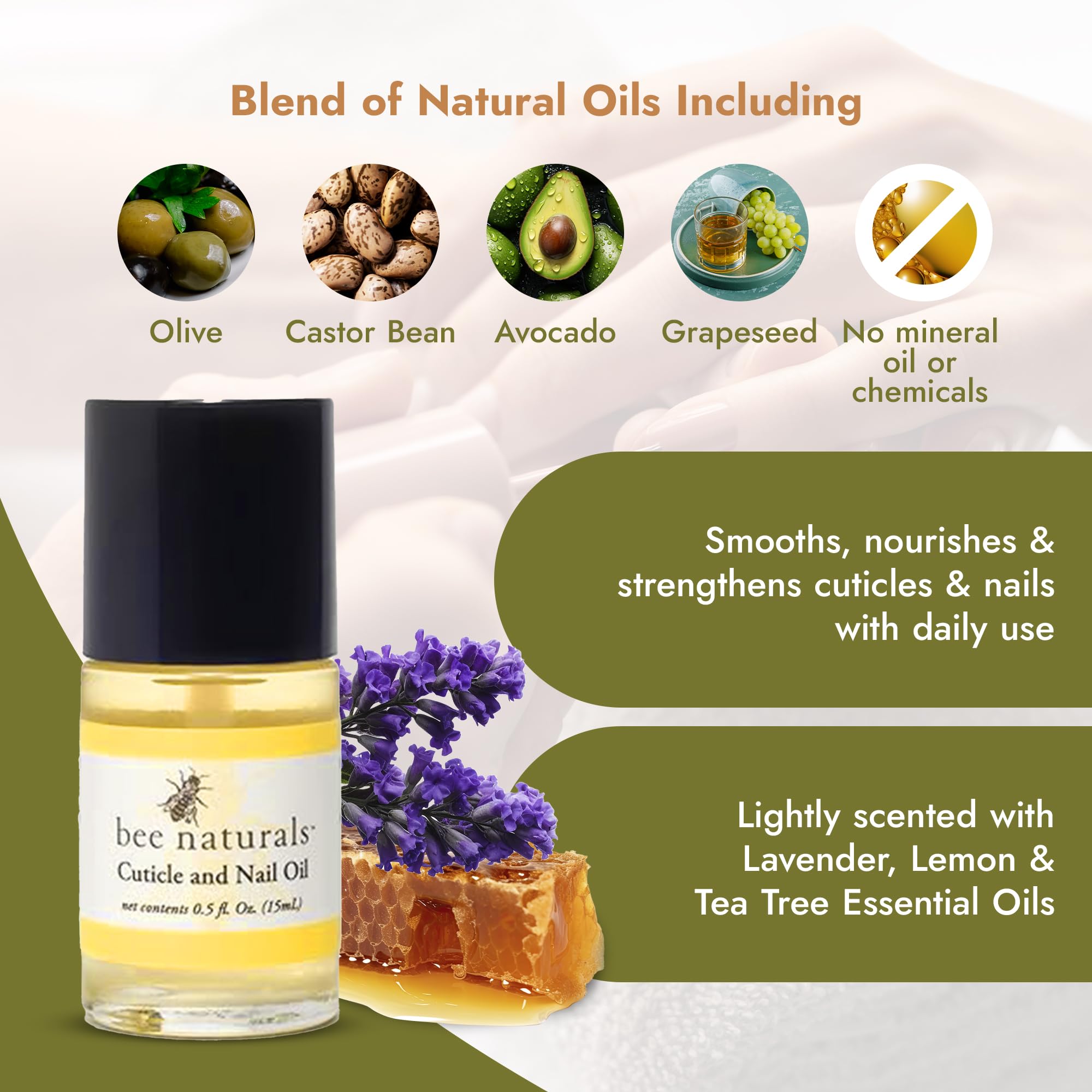 Bee Naturals Nail Cuticle Oil texture highlighting nourishing emollients.