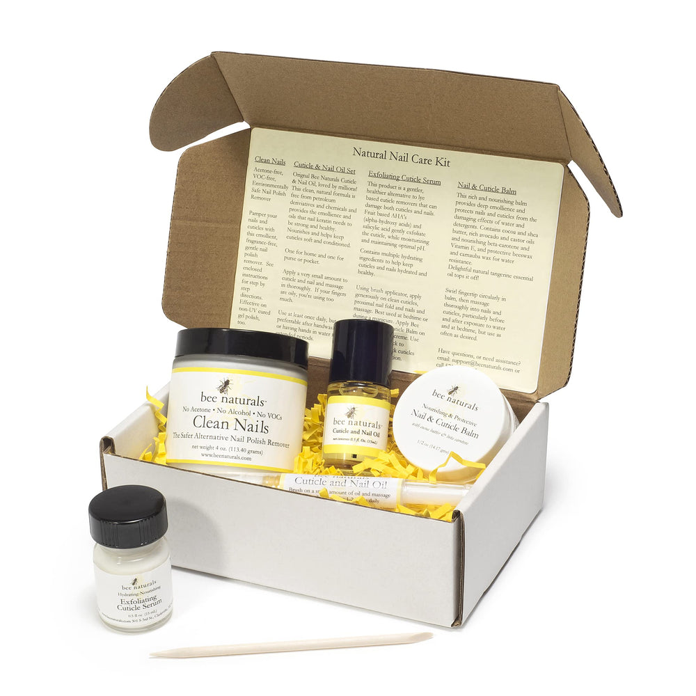 Bee Naturals natural nail care kit packaging shows a clean, non-toxic set for nails.