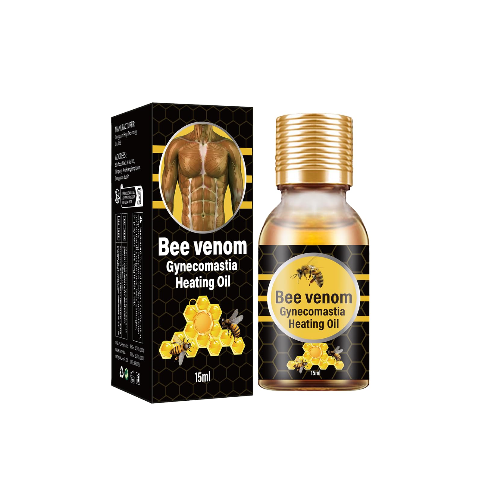 Bee Venom Gynecomastia Oil bottle front view, lightweight care for the skin
