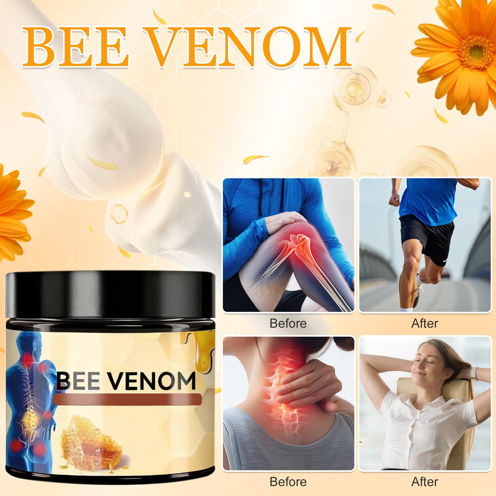 Bee Venom Joint Cream knee application illustrates targeted relief for joints and mobility.