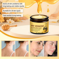 Bee Venom Skin Restoration Cream application demonstrates smoothing and firming effects.