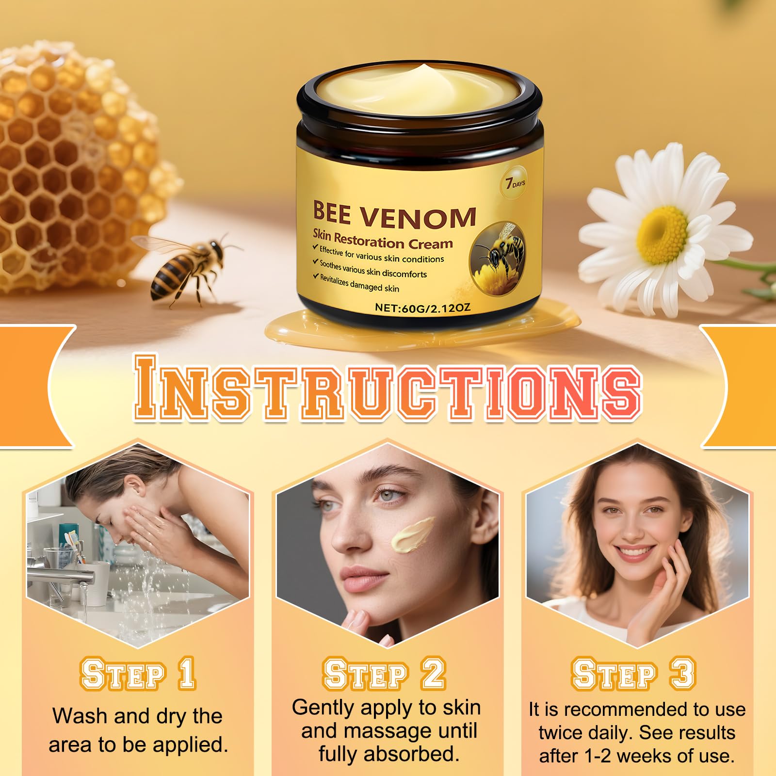 Bee Venom Skin Restoration Cream on a clean vanity symbolizing easy daily routine.