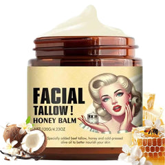Beef tallow honey balm jar showing creamy texture for hydration
