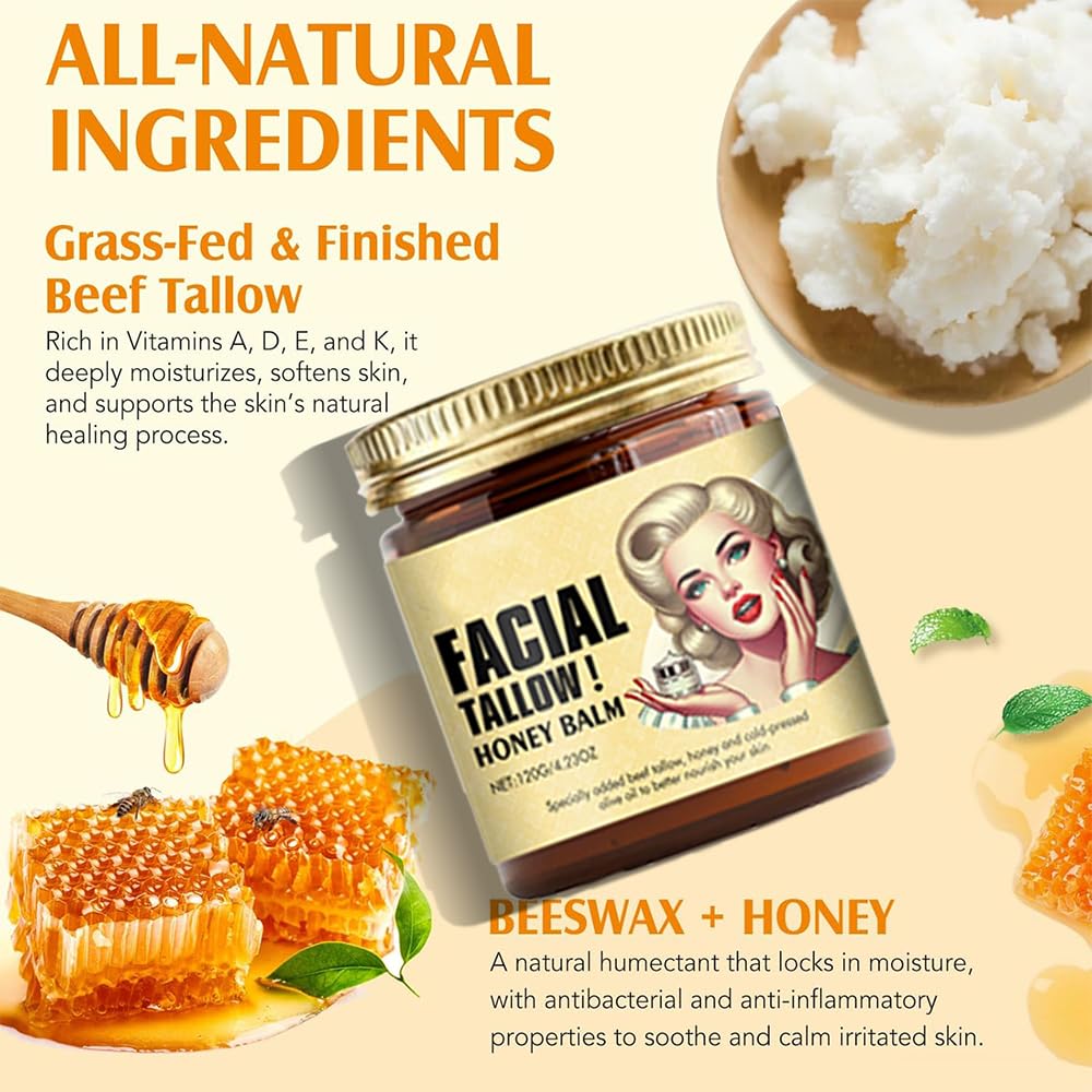 Calendula and honey ingredients visible in beef tallow balm