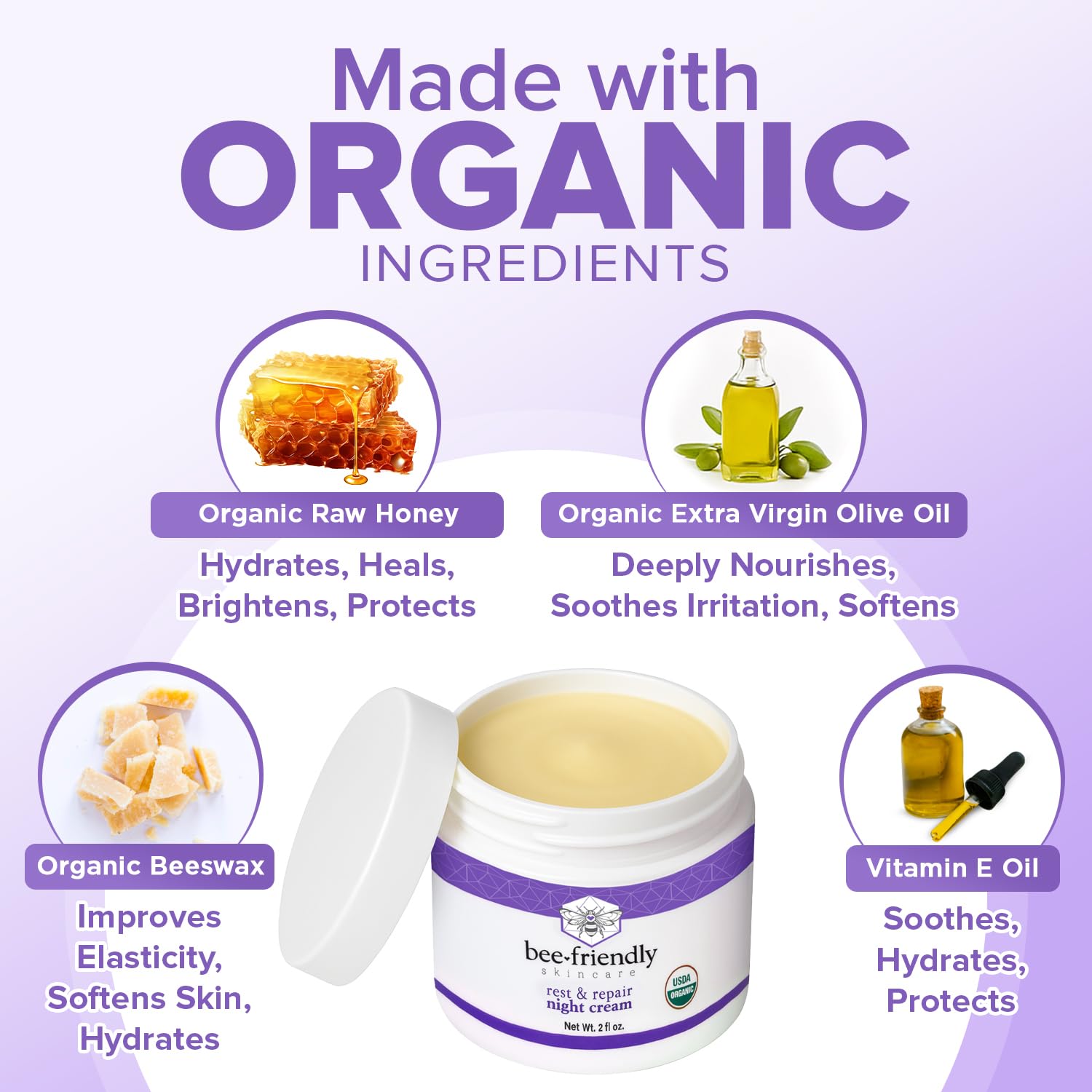 BeeFriendly Night Cream applied on face, neck and décolleté for multi-area hydration.