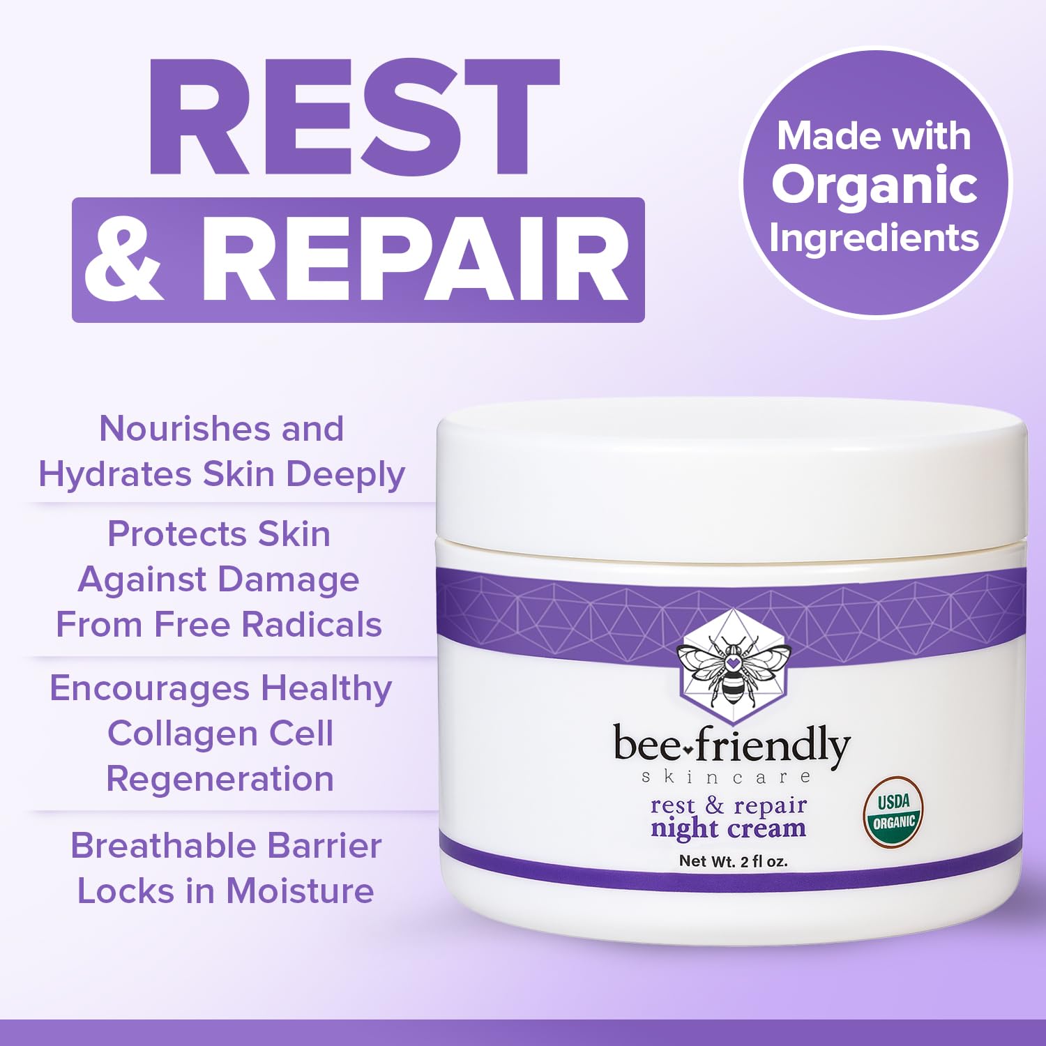 BeeFriendly Organic Night Cream ingredients label highlights natural components.