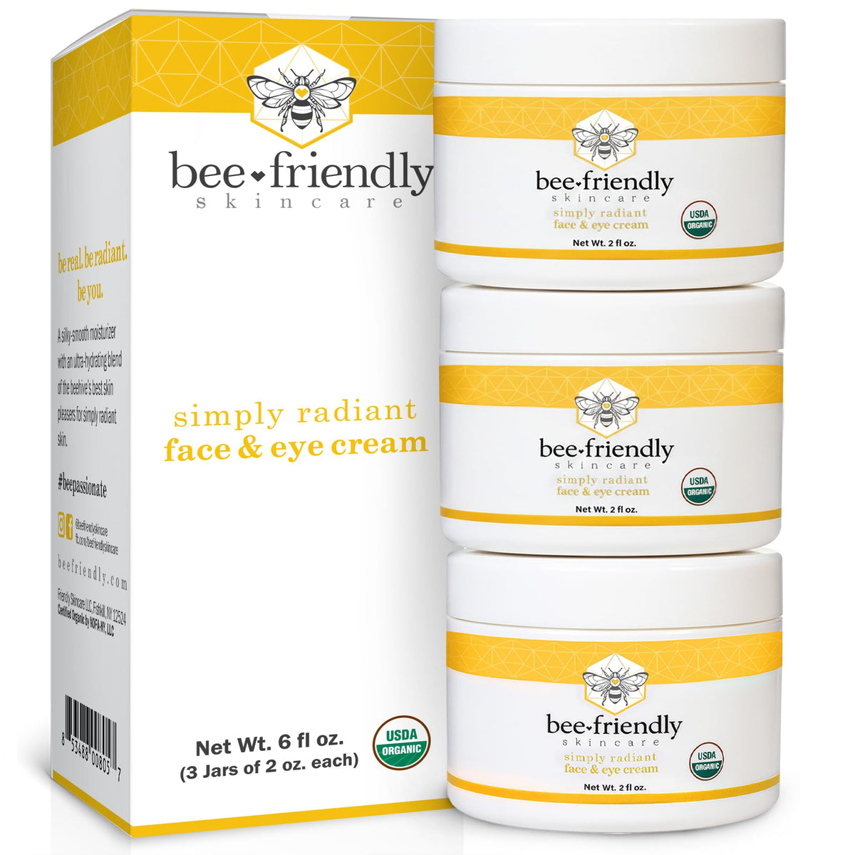 BeeFriendly Organic Face and Eye Cream box with three jars for multi-area hydration