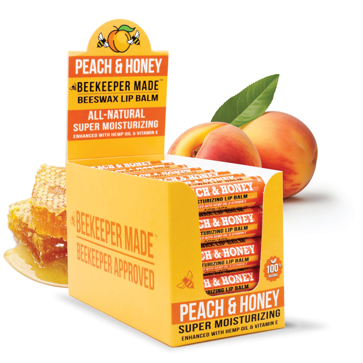 Beekeeper Made beeswax lip balm 40-count bulk pack for smooth lips with peach scent.