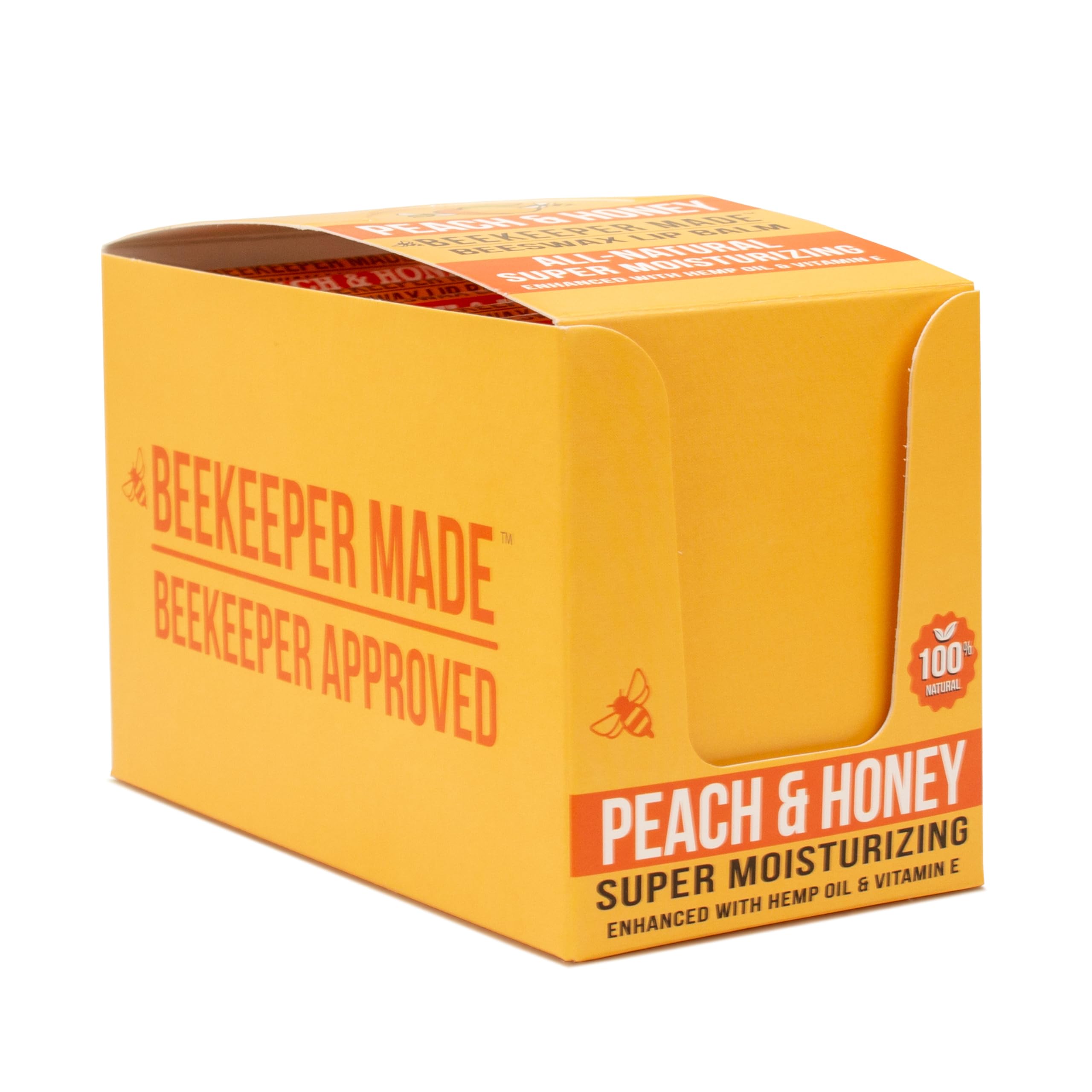 Beekeeper Made peach scented lip balm application image shows easy lip nourishment.