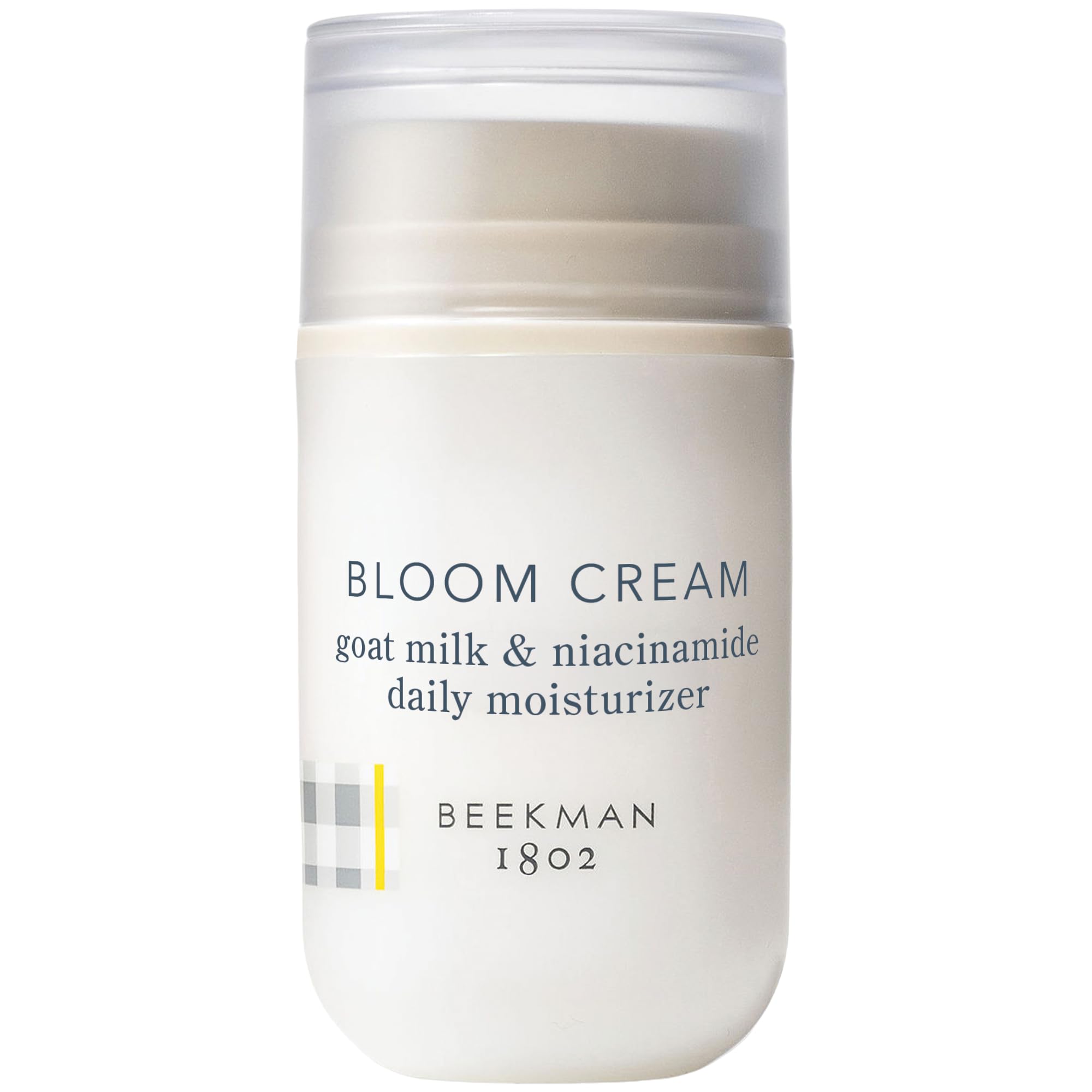 Beekman 1802 Bloom Cream bottle front shows a lightweight daily moisturizer for balanced skin.