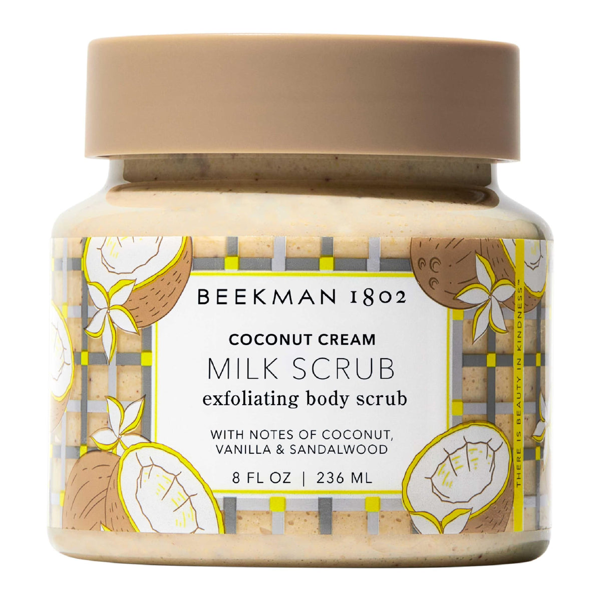 Beekman 1802 coconut cream exfoliating milk body scrub bottle promotes smoother skin.
