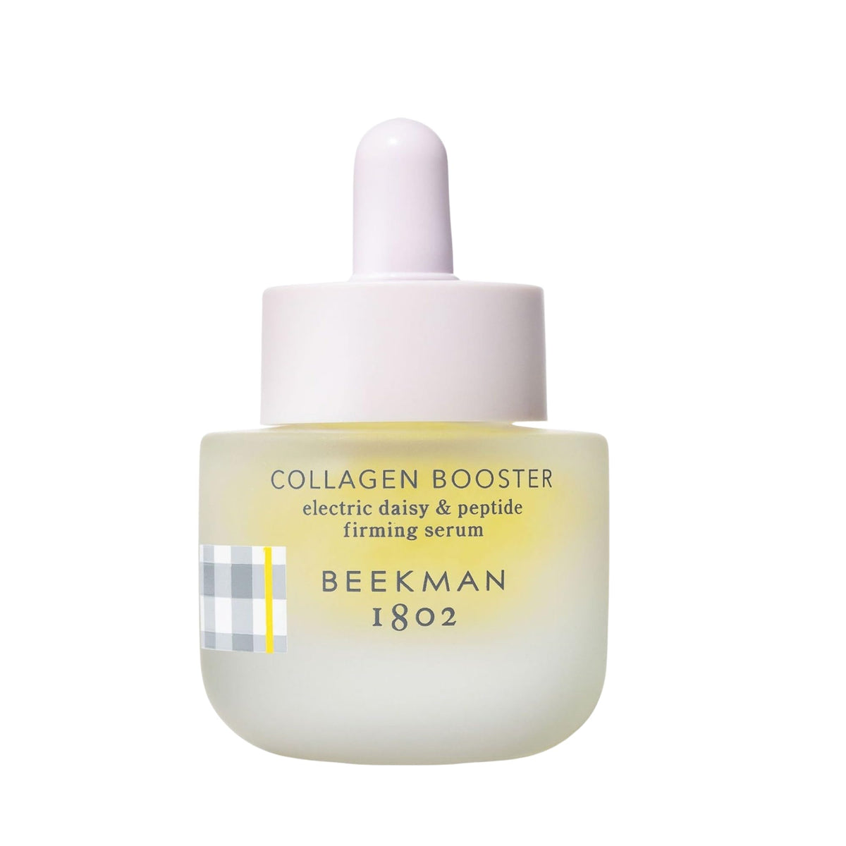 Beekman 1802 Collagen Booster bottle on white background, fragrance-free formula for sensitive skin.