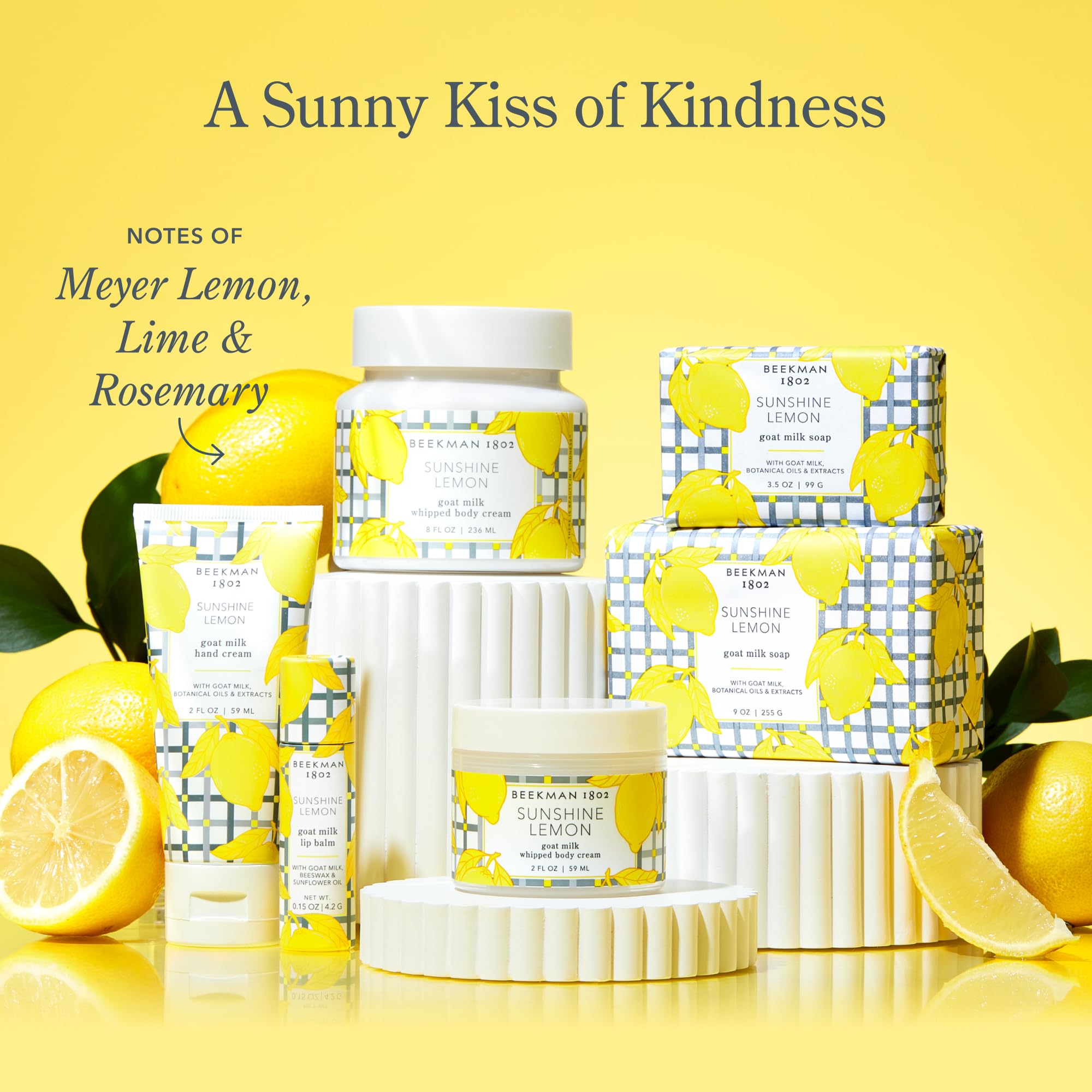 Beekman 1802 cruelty-free goat milk soap with Sunshine Lemon scent for daily cleansing.