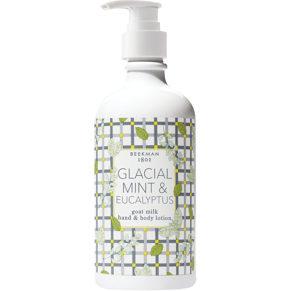 Beekman 1802 Glacial Mint Eucalyptus lotion bottle shows hydrating formula for sensitive skin