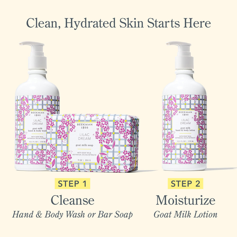 Beekman 1802 Goat Milk Body Lotion Lilac Dream label close-up with branding