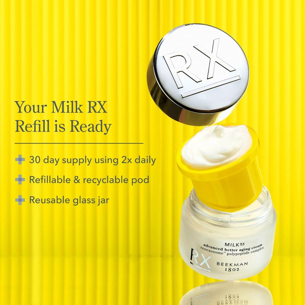 Beekman 1802 Goat Milk cream jar emphasizes fragrance-free formula suitable for sensitive skin.