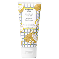 Beekman 1802 Goat Milk Hand Cream in coconut cream bottle moisturizes dry hands gently.