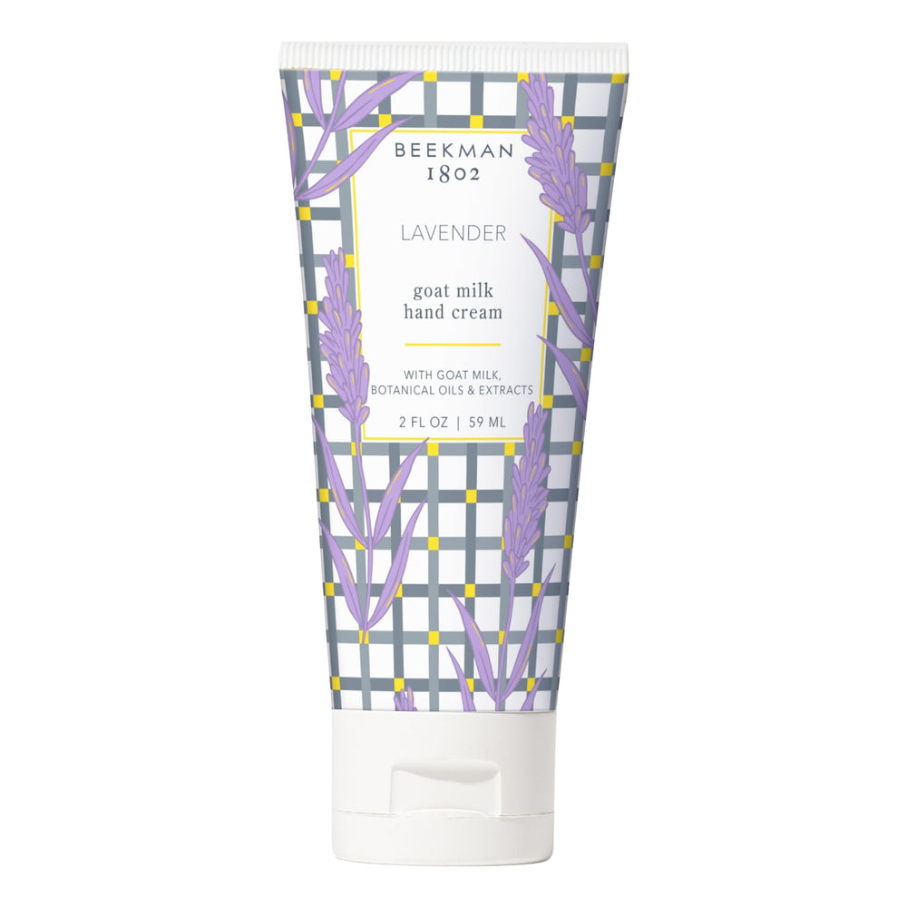 Beekman 1802 goat milk hand cream lavender bottle provides soothing hydration for sensitive skin.