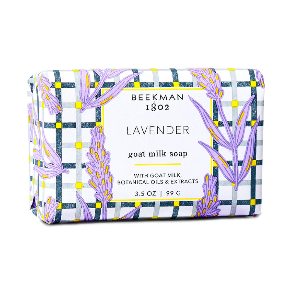 Beekman 1802 Goat Milk Lavender Bar close-up, gentle cleansing for sensitive skin.