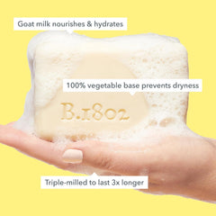 Beekman 1802 goat milk soap lather closeup for creamy hydration