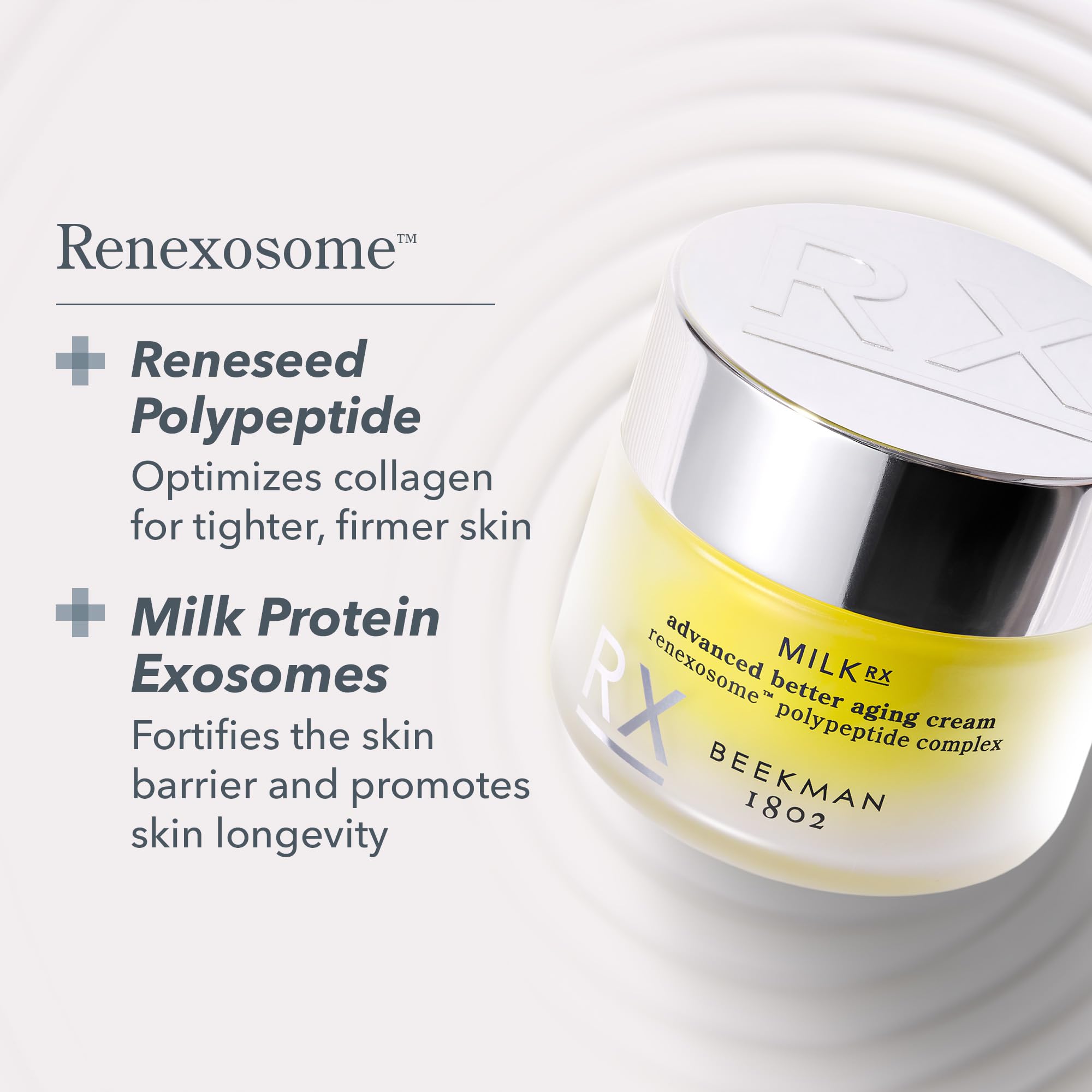 Texture close-up shows cream being applied to skin with smooth, non-irritating feel.