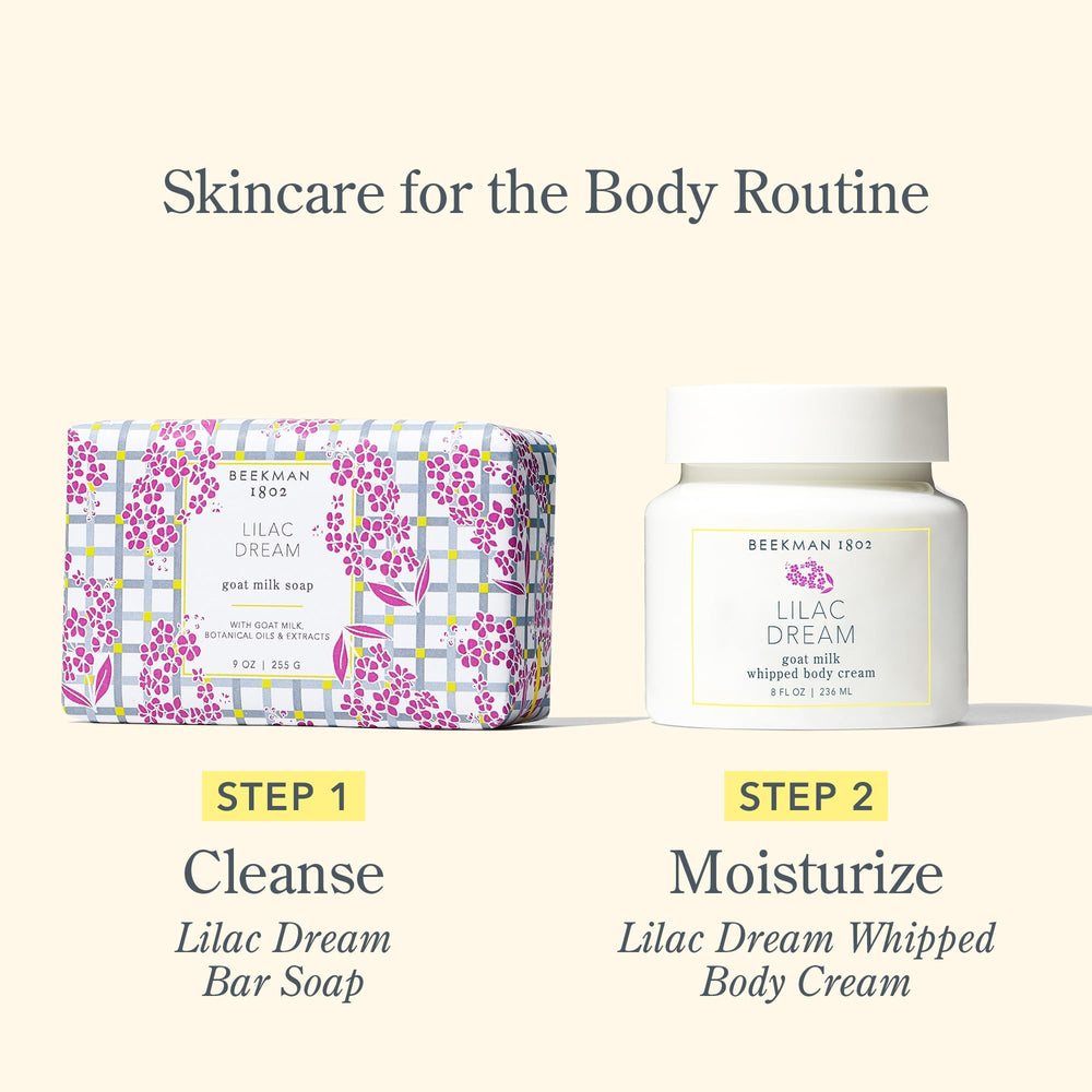 Beekman 1802 Lilac Dream wrapped bar on a clean surface, gift-ready skincare.