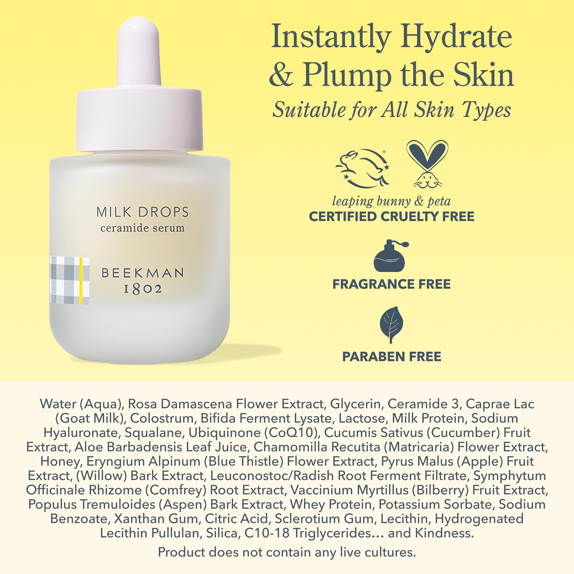 Beekman 1802 Milk Drops Ceramide Serum brand embossing highlights luxury packaging.