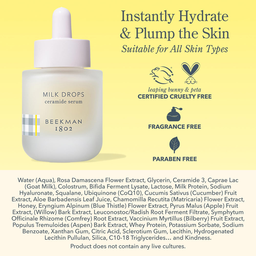 Beekman 1802 Milk Drops Ceramide Serum brand embossing highlights luxury packaging.