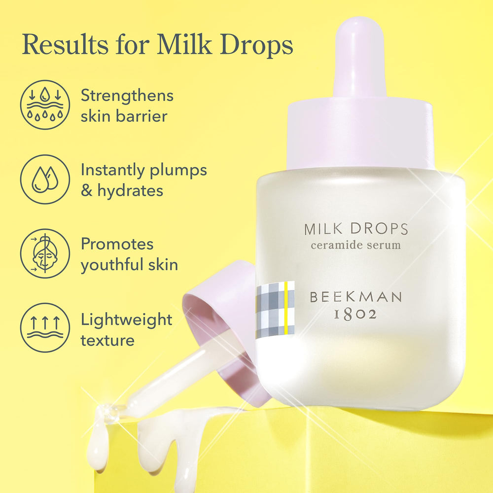 Beekman 1802 Milk Drops Serum on hand demonstrates easy daily application.