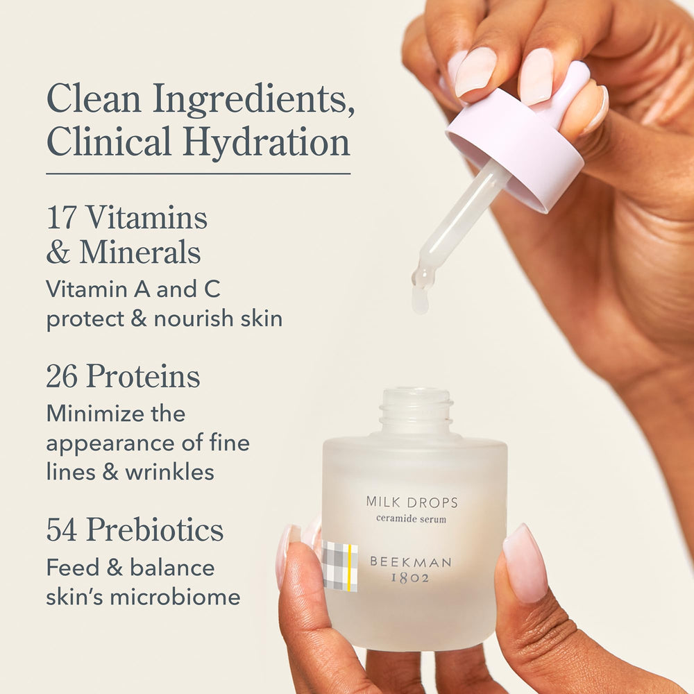 Beekman 1802 Milk Drops Ceramide Serum product shot conveys premium skincare.