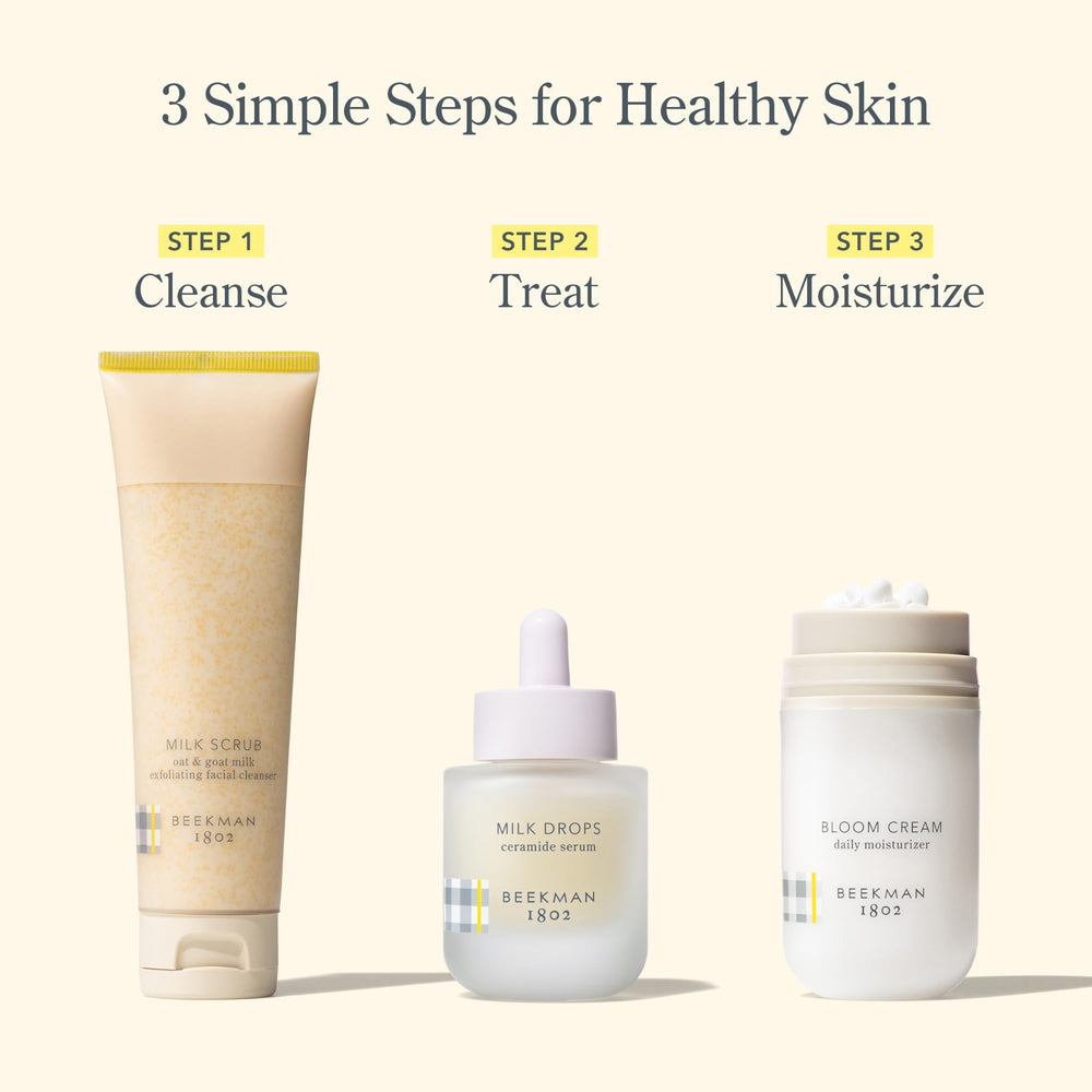 Beekman 1802 Milk Drops Ceramide Serum texture swatch shows quick absorption.