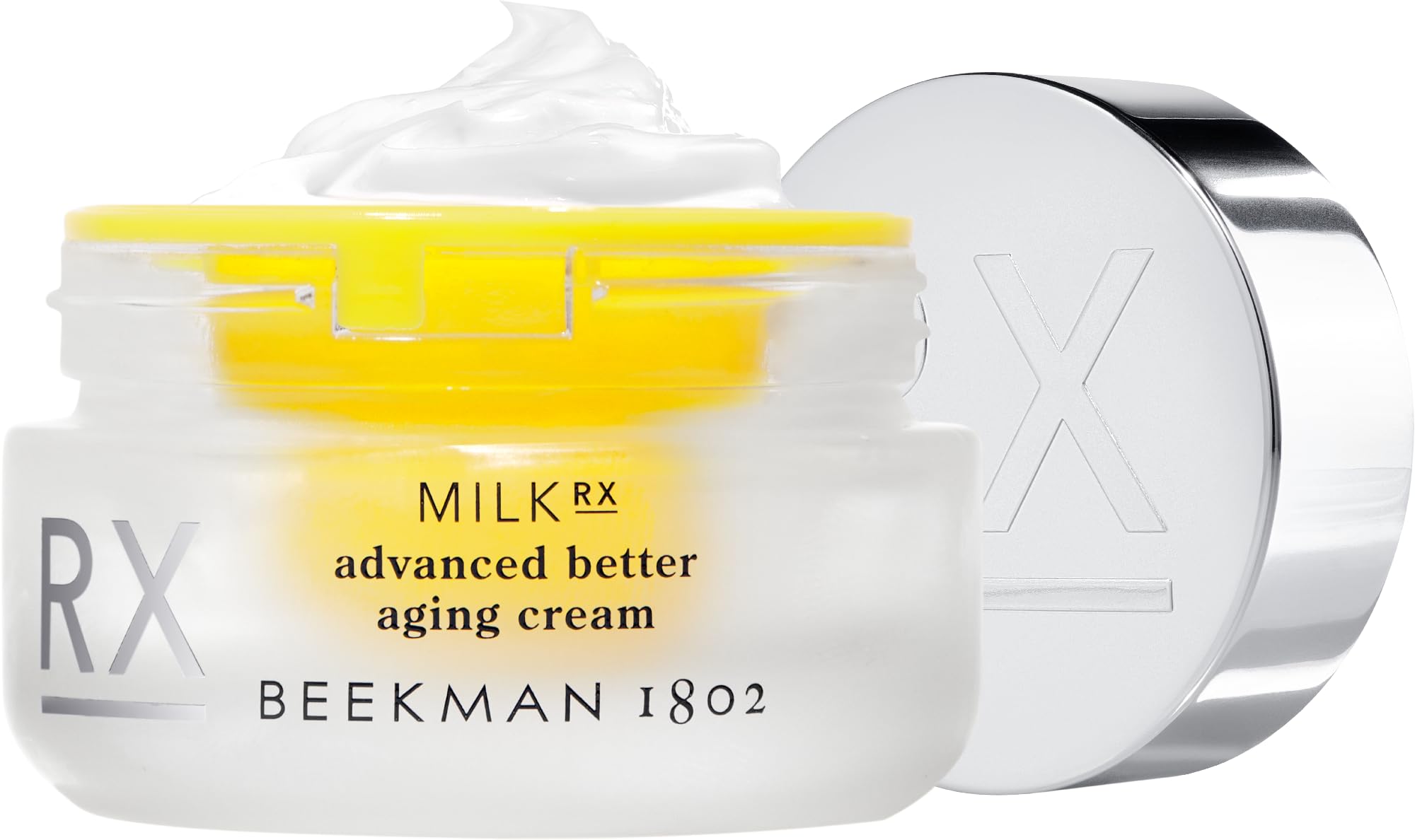 Beekman 1802 Milk RX Advanced Cream bottle close-up offering fragrance-free hydration for sensitive skin.