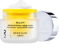 Beekman 1802 Milk RX jar front view, fragrance-free hydration for all skin types.