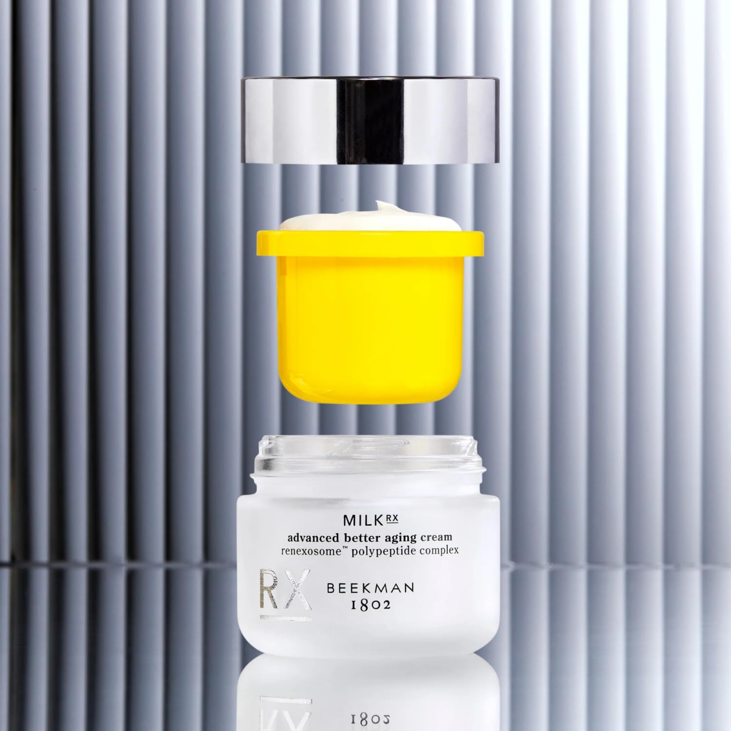 Beekman 1802 Milk RX Refill Pod label highlights Renexosome ingredients for potential firming support.