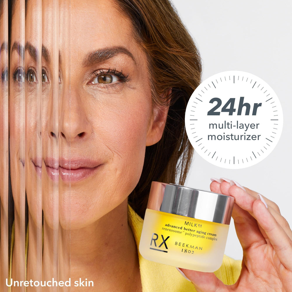Beekman 1802 Milk RX on vanity with branding, premium anti-aging skin care experience.