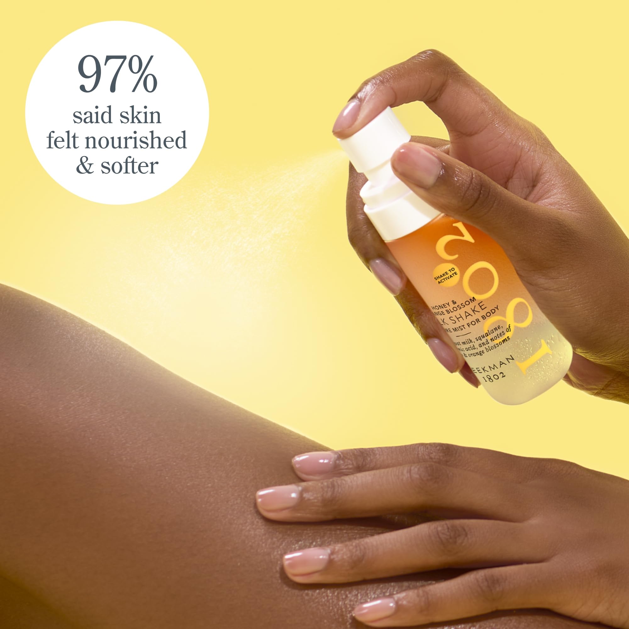 Beekman 1802 Milk Shake Body Mist sprayed on forearm for quick moisture