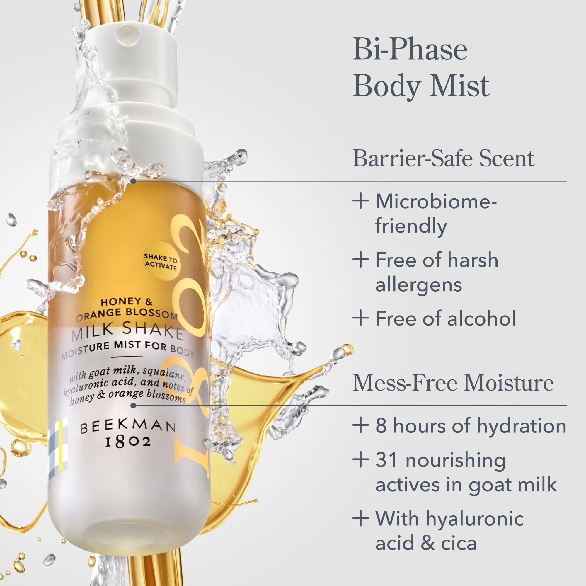Beekman 1802 Milk Shake Body Mist applied to skin for soft, refreshed feel