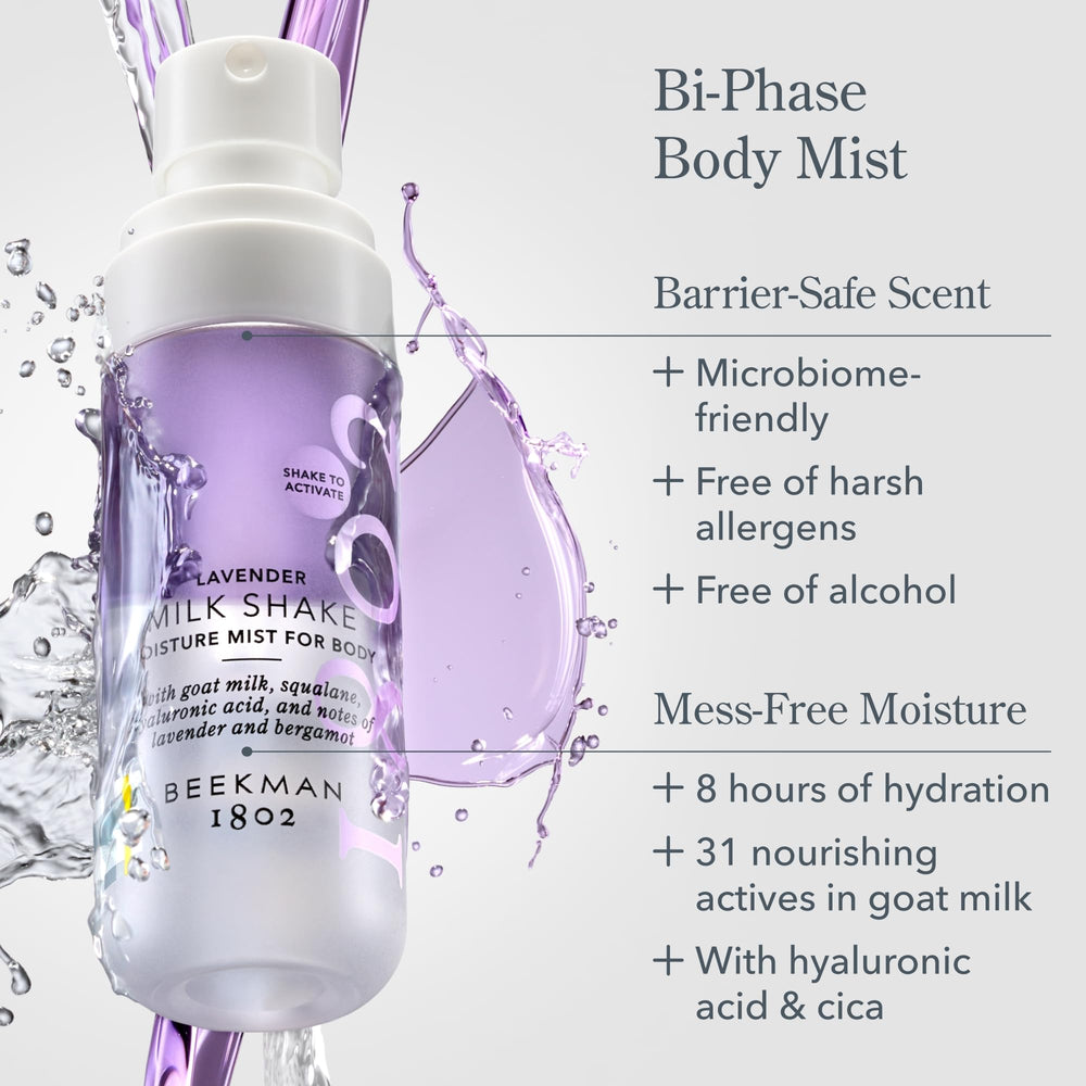 Close-up of Beekman 1802 Milk Shake Body Mist Lavender label details and branding
