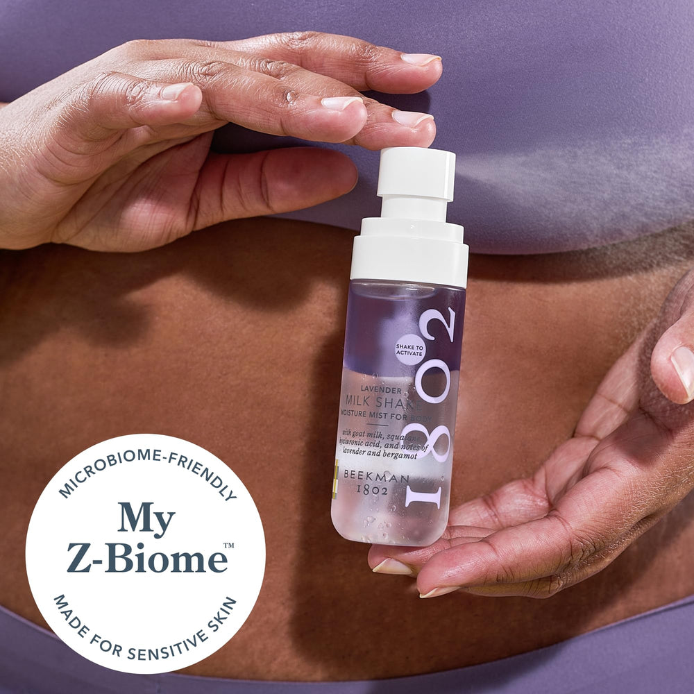 Morning routine with Beekman 1802 Milk Shake Body Mist Lavender being applied